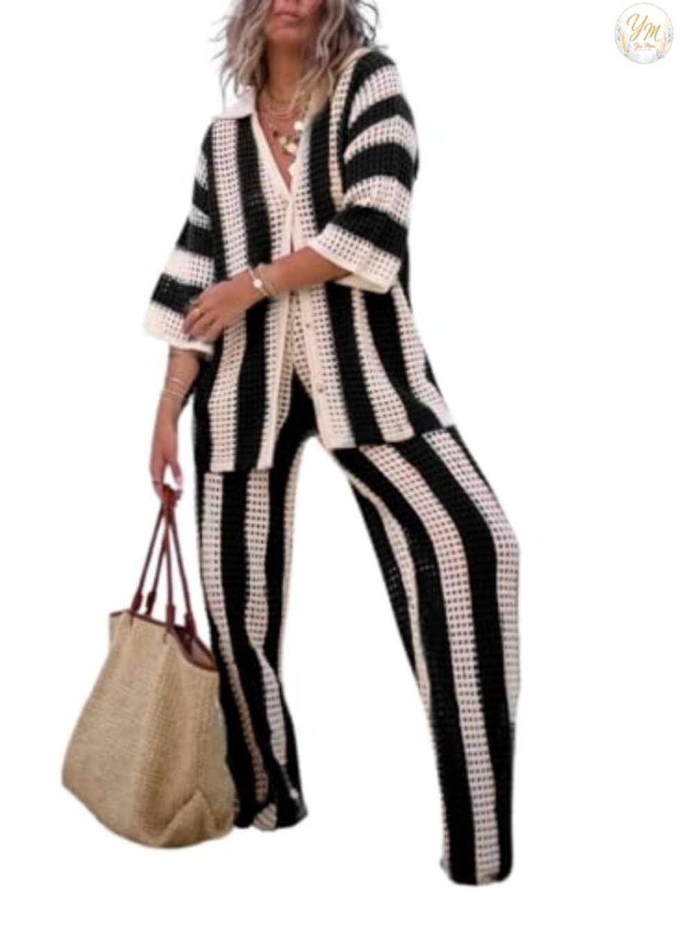 Women 2 Piece Crochet Cover Up Set Button Down Top Wide Leg Pants Vacation